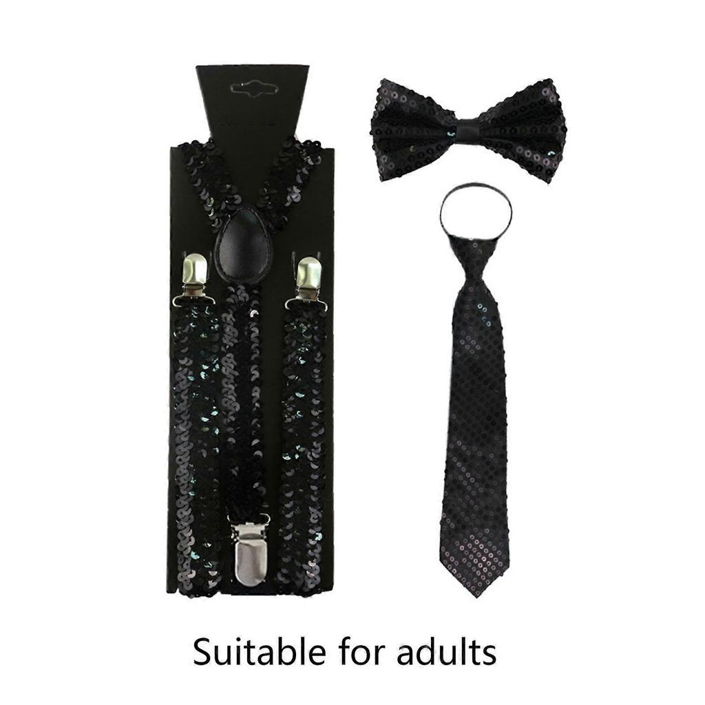 Men Women 3-In-1 Sparkly Fish Scales Sequins Y-Back Adjustable Suspenders Bowite Necktie Set Outfits Cosplay Costume  Yellow
