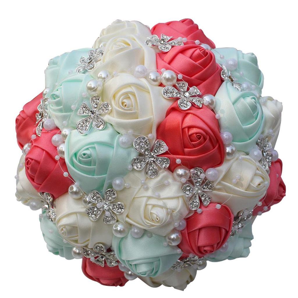 European & American Elegant Ribbon Flower Bridal Bouquet – Beaded Five-Flower Design