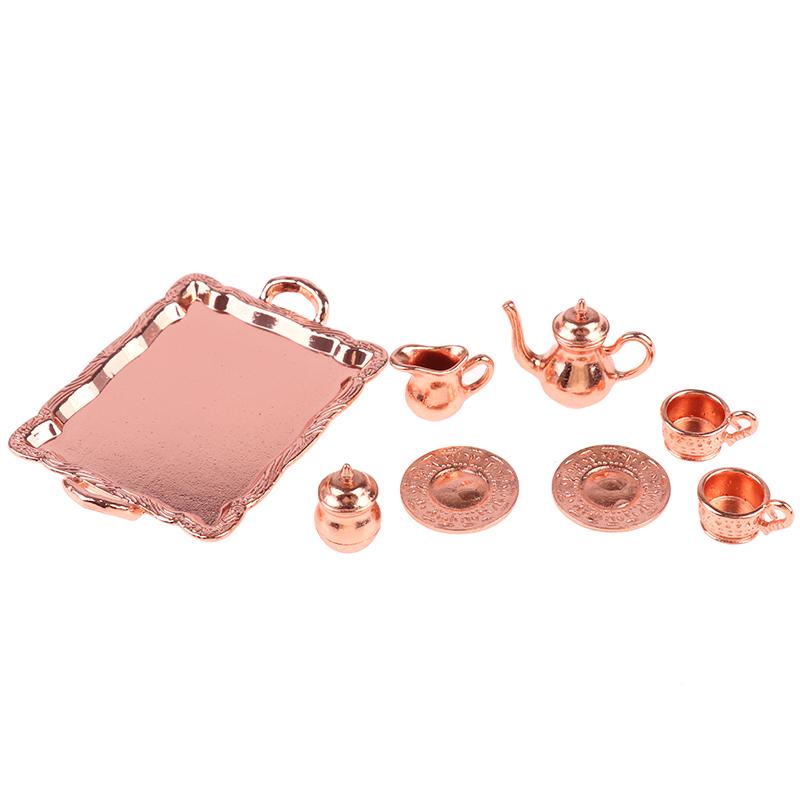 8Pcs/Set Dollhouse Miniature Square Plate Metal Wine And Tea Set