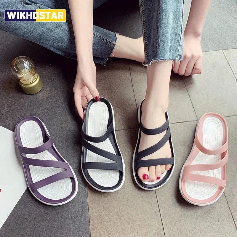 Women Summer Slippers Platform Flat Low Heel Peep Sandals Toe Black Slides Casual Beach Outdoot Female Ladies Jelly Shoes