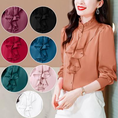 Intellectual and Generous Temperament Simulation Silk Shirt Women's Long-sleeved Solid Color Lace Collar Palace Style Mulberry Silk Shirt
