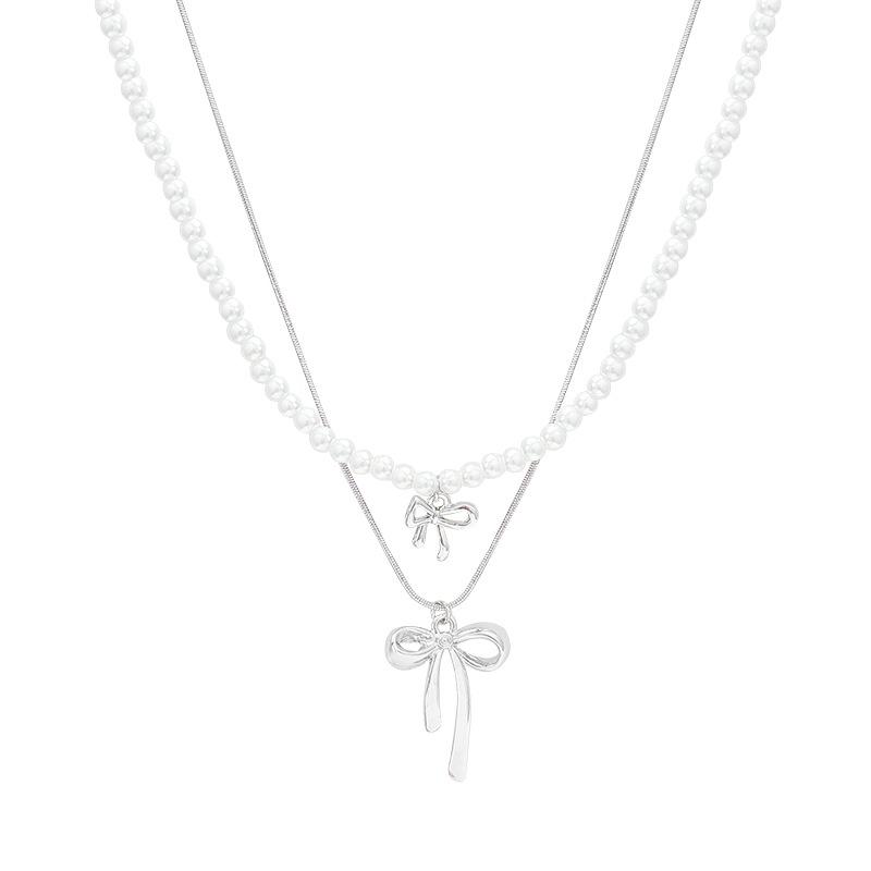 Gentle and Sweet Temperament Double Stacked Bow Necklace Female Niche Pearl Collarbone Chain Neck Chain