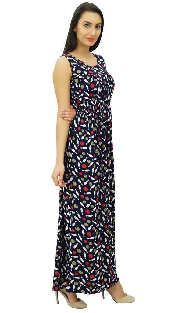 Bimba Women's Casual Bowling Print Round Neck Elastic Waist Maxi Summer