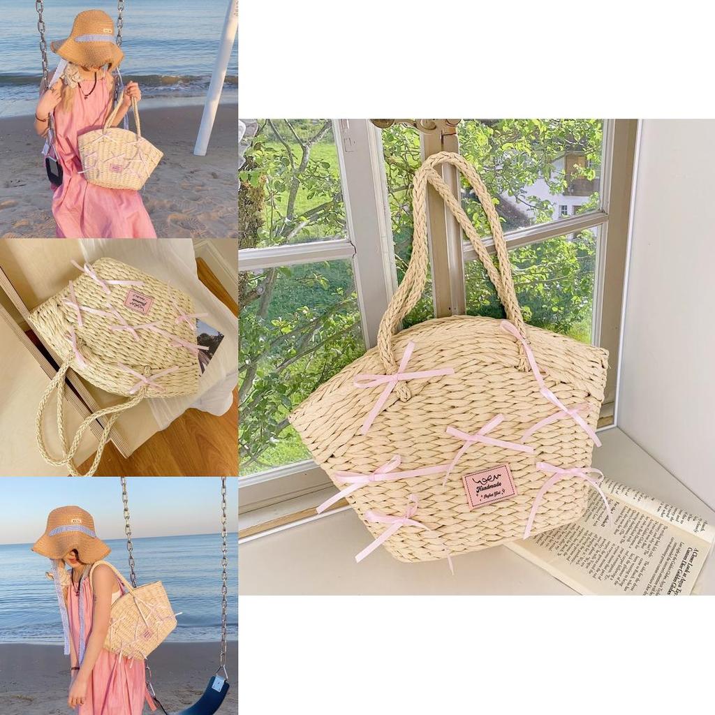 Simple Pink Bow Decoration Women Casual Grass Woven Handbag For Beach And Casual Wear