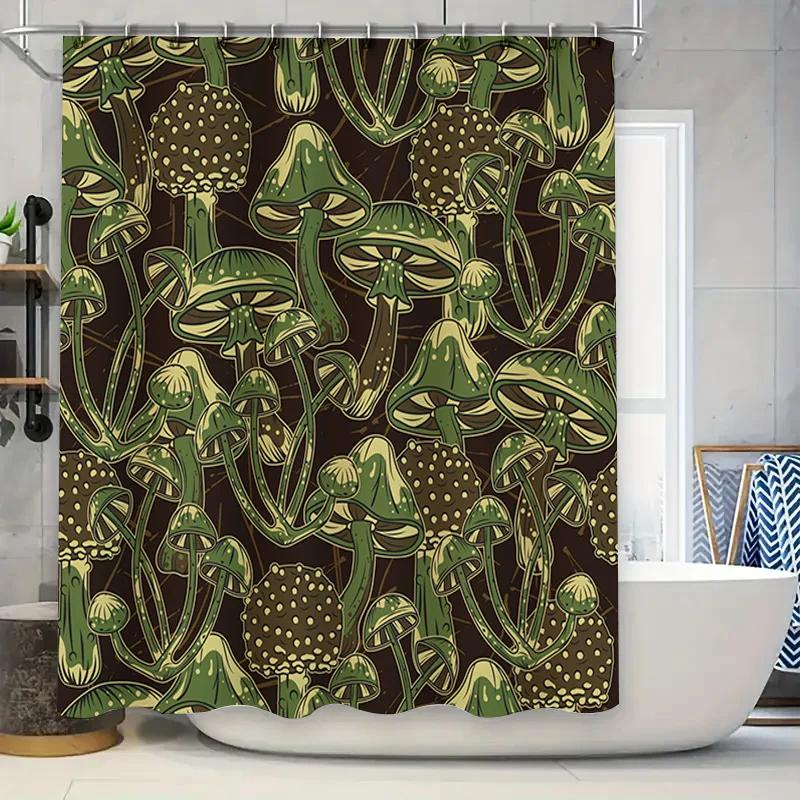 

Mushroom Print Shower Curtain Waterproof Bathroom Decor Home Decoration Wall Hangings For Bathtub Kitchen Green And Brown Colors W60H190(CM)-1 Pcs