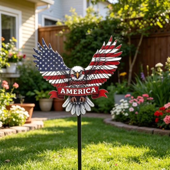 Fourth of July Garden Stake Stars And Stripes Eagle Yard Art Stake American Patriotic Stake for Backyard Lawn Decoration