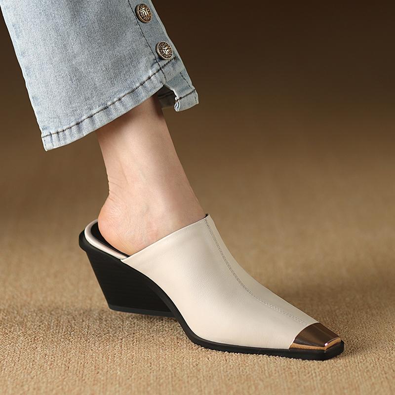 Fashion 2025 New Ladies Genuine Leather Metal Head Mules Fashion Med Chunky Heels Summer Wedges Slippers Women Casual Office Shoes Woman