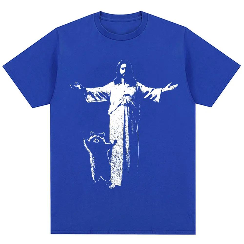 Summer Vintage Fashion Unisex Women ONeck Tshirt Jesus and Raccoon Funny Christian Graphic Tshirt Oversized Cotton Casual Tshirt
