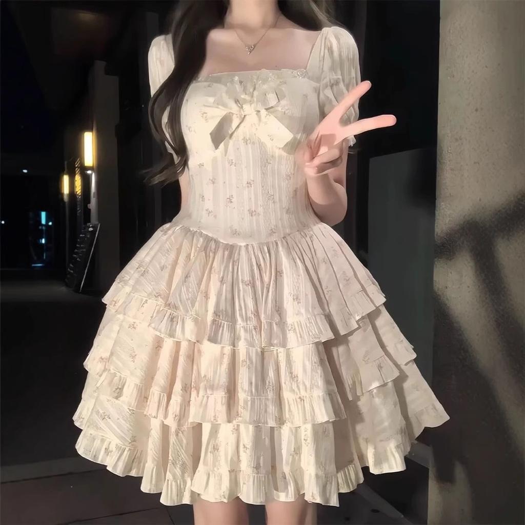 Ballet style small floral dress women's summer high sense gentle waist small flying sleeves fluffy cake skirt