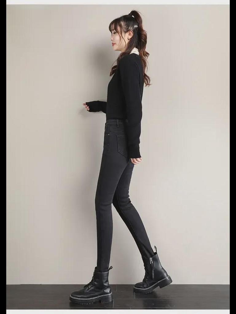 Женские узкие плюшевые джинсы с высокой талией — плотные, эластичные, облегающие брюки-карандаш для зимы