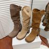 2025 new belt buckle boots women's thick heel high heel stacking boots European and American western cowboy boots frosted knight boots