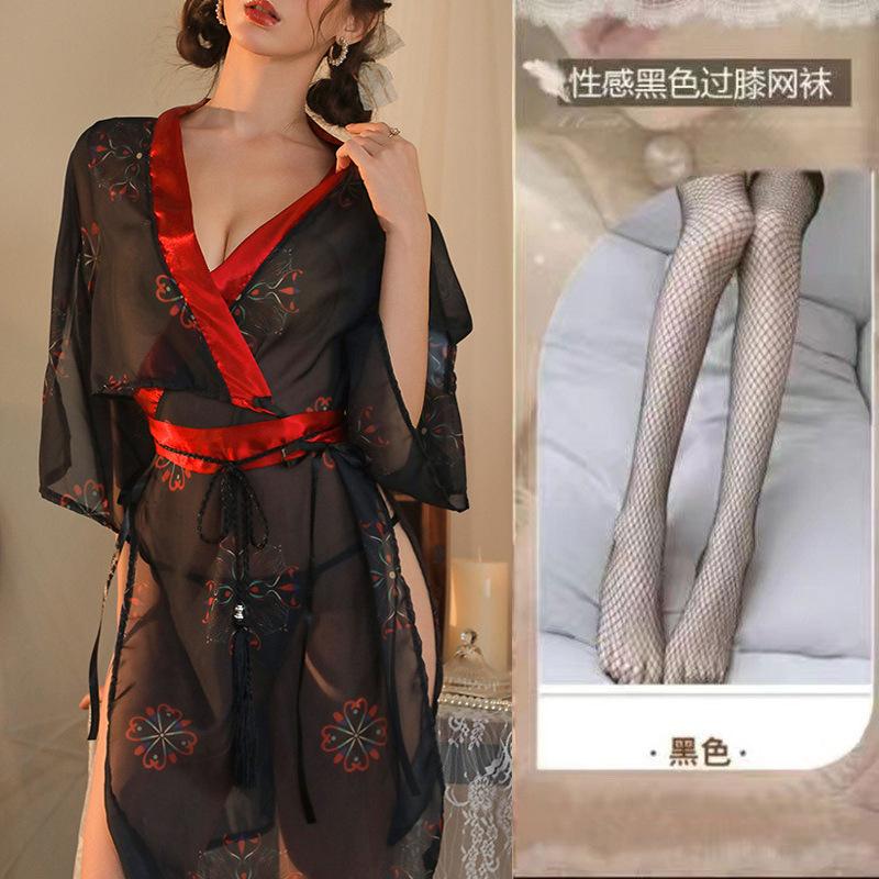 Sexy Lingerie Uniform Pure Desire Free Chiffon Pajamas Black Japanese Ancient Dress Printed Kimono Clothes Set