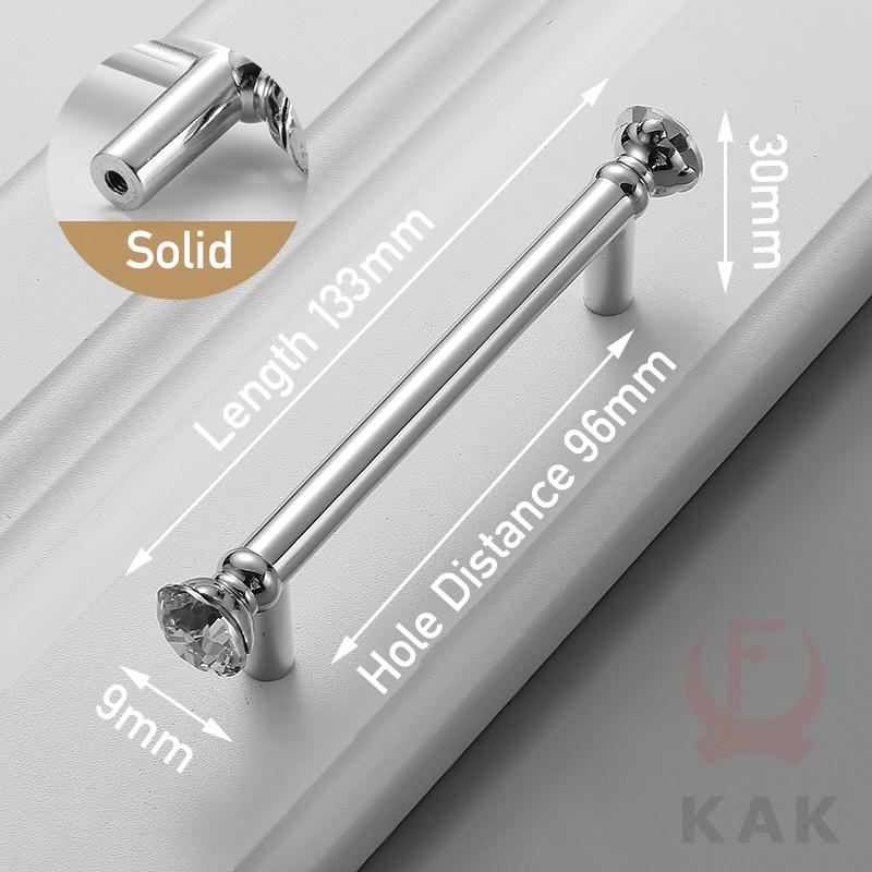 KAK Bright Chrome Furniture Handles Crystal Kitchen Cabinet Handle Zinc Alloy Wardrobe Door Pulls Solid Decorative Door Hardware