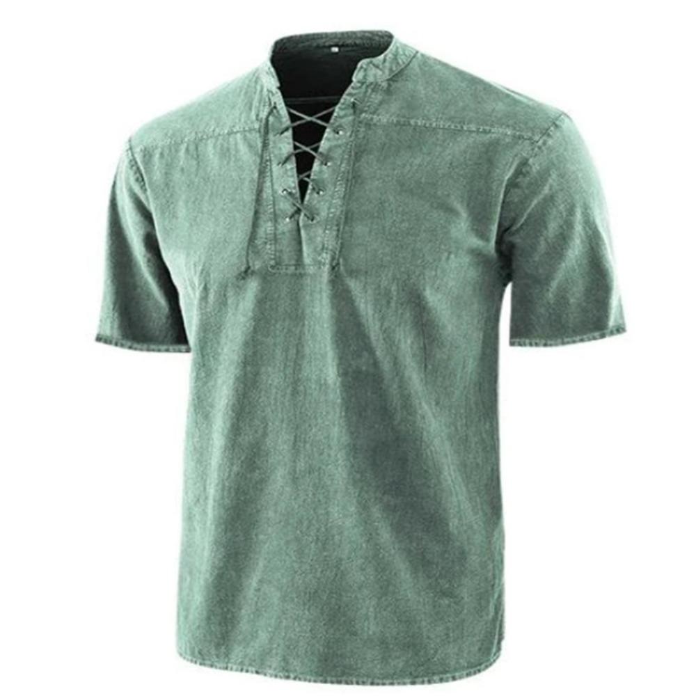 

2026 Men s Summer Solid Color Retro Lace-up Standing Collar Loose Casual Short Sleeve Shirt 5XL