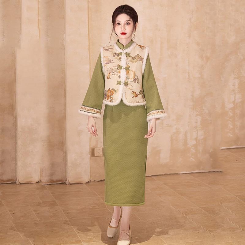 Womens Winter Warm Thick Wool Blend Long Sleeve Qipao Set With Vest Retro Chinese Style Daily Wear