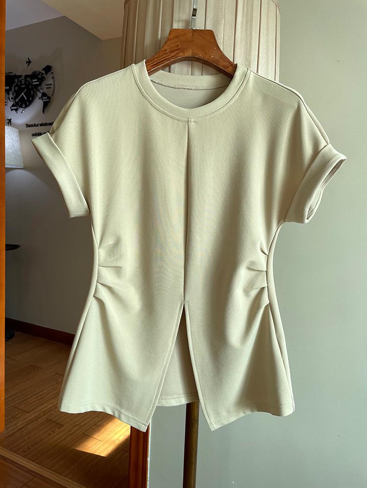 

Облегающая талию футболка с рукавами «летучая мышь» и боковым разрезом - Модный топ с коротким рукавом M хаки