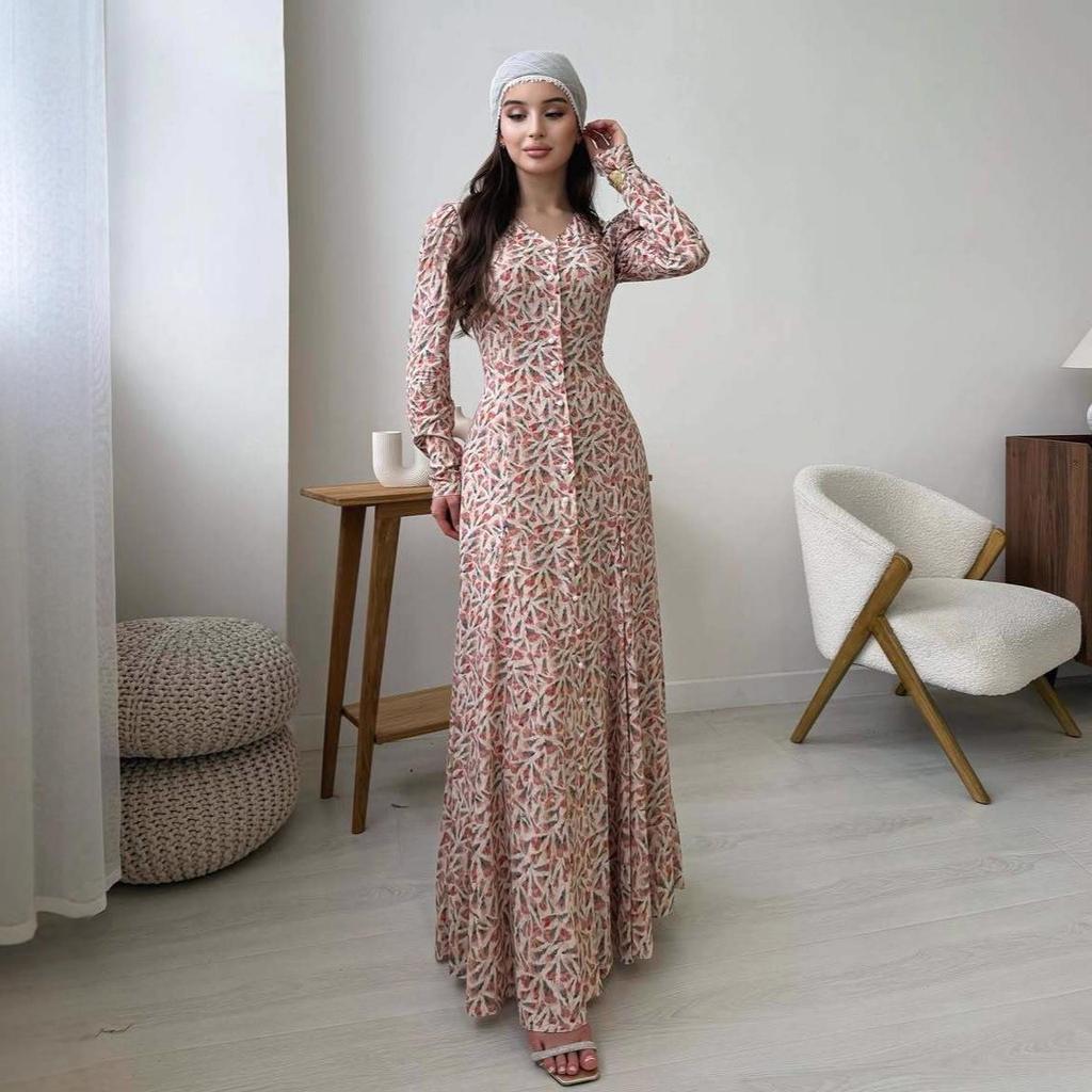 Elegant Retro Print Waist-Gathered Dress - Autumn 2025 Collection: European & American Style for Women