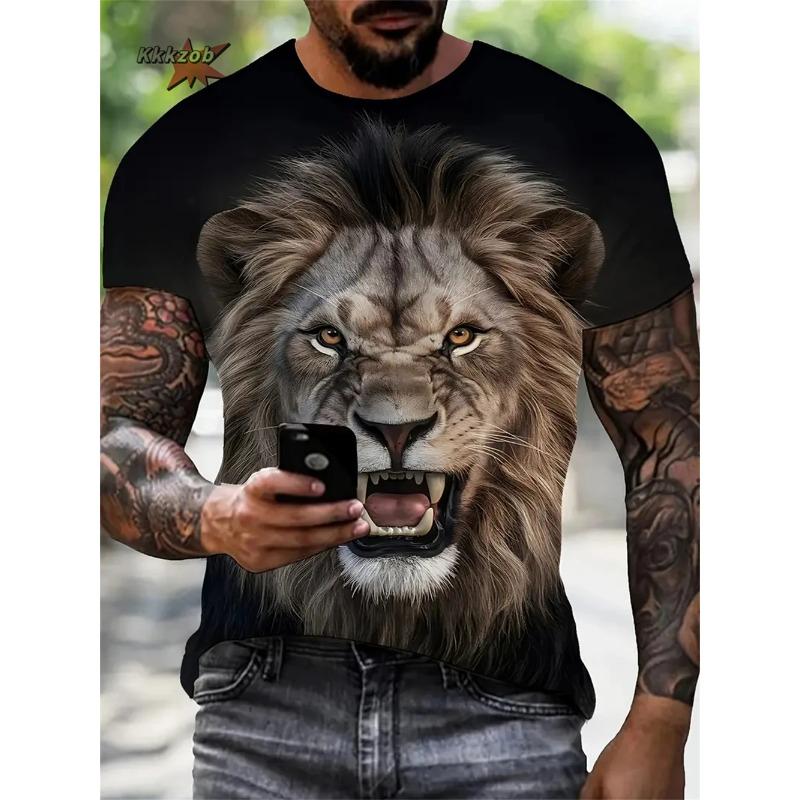 Summer Men's T-Shirt Lion Animal Cartoon Printed Pattern Outdoor Short Sleeve Size Loose Oversized T-Shirt for Men's Shirts Tops