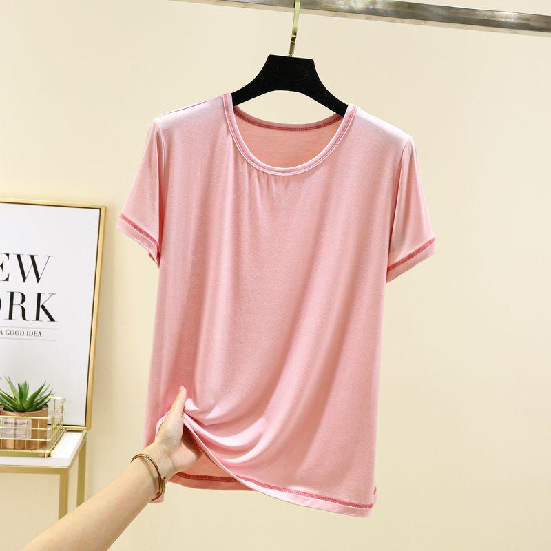 

Модальная футболка с круглым вырезом и короткими рукавами для женщин 2025 лето свободная, прилегающая, больших размеров, повседневная, тонкая, с рукавами до локтя, базовая Light Pink L (recommended 50.00 kg-60.00 kg