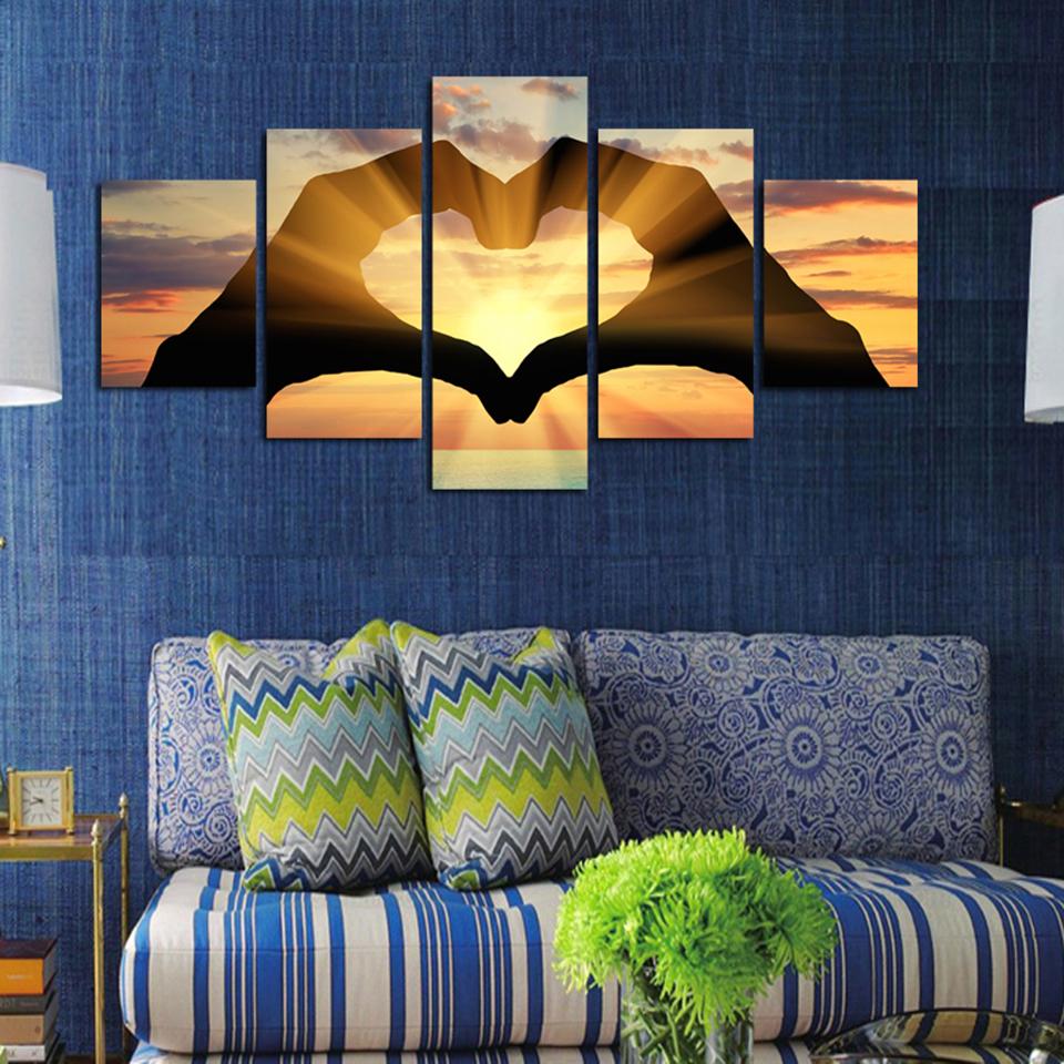 Modern Wall Art Poster Home Decor 5 Panel Sunset Hand Love Seascape Living Room Print Canvas HD Painting Pictures Modular No Frame