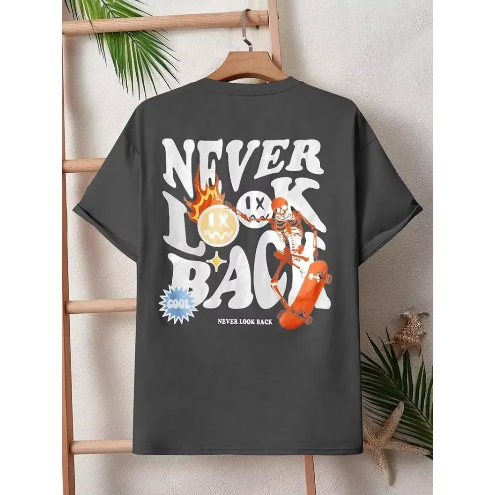 Never Look Back Creative Smile Skull Printing Cartoons Street Print Tshirt Man Loose Tee Clothes Cotton Crewneck Tops T-Shirt