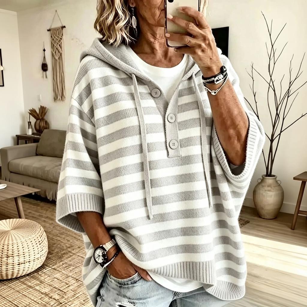 Women's Casual Hooded Knit Sweater Loose Fit Striped Long Sleeve Pullover Top