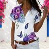 Women Plus Size Floral Butterfly Printed Collared Short Sleeve Button Front White Shirt