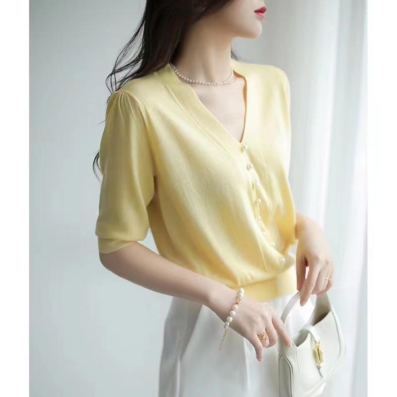 

Sweet Spice Girl с короткими плечами, обтягивающая рубашка с короткими рукавами и v-образным вырезом, женский летний модный топ с рыбьей косточкой one size жёлтый