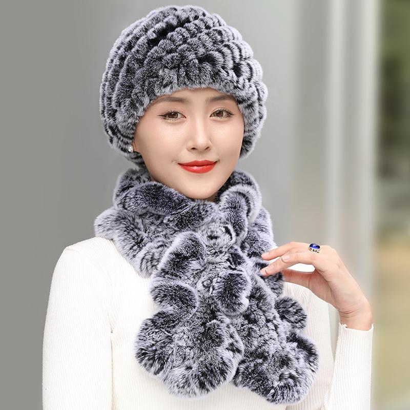 Women Real Rex Rabbit Fur Hat Scarf Set Thickened Warm Winter Rabbit Hat Scarves 2 Pieces For Girls Fashion Outdoor Fur Scarves