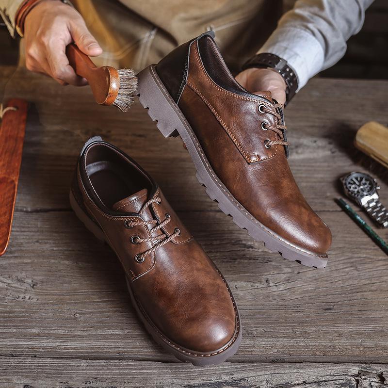 Fashion Mens Round Toe Derby Shoes Low-Cut British Style Vintage PU Leather Boots Lace-Up Business Casual Comfortable Versatile Footwear