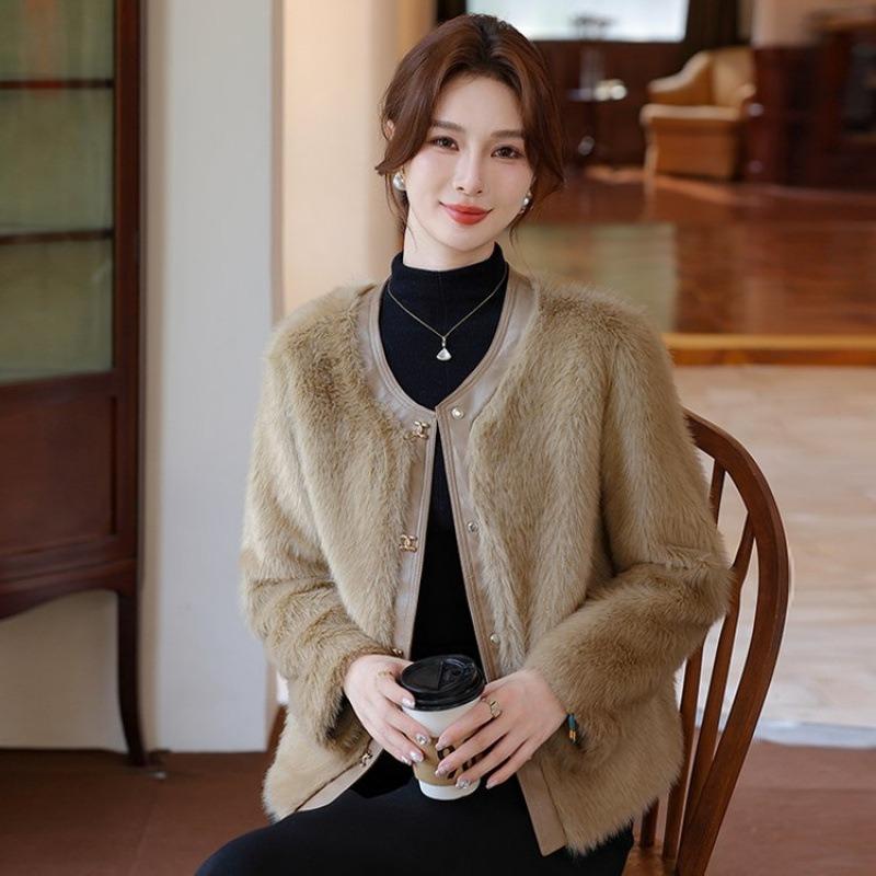 

Женская меховая куртка для среднего и пожилого возраста, ощущение высокого класса, женское короткое пальто для среднего возраста, осенне-зимний топ, меховая интеграция 5XL [recommended 150-80kg] хаки