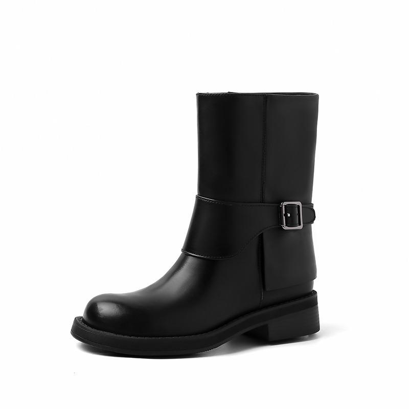 Cowhide~ Leather Belt Buckle Straight Boots Small Thick-soled British Martin Boots Western Boots Short Boots Women's Knight Boots