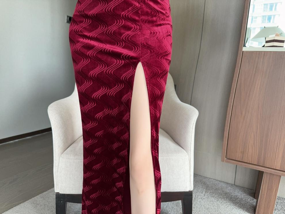 Elegant Velvet Strappy Midi Dress with High Slit and Low-Cut Design