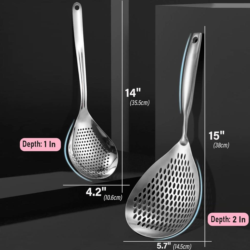 KAYCROWN Skimmer Slotted Spoon, 2 Pack Stainless Steel Pasta Spider Strainer Ladle for Frying and Cooking, Frying Strainer Spoon, Kitchen Cooking