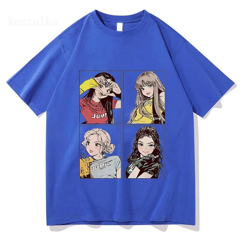 K-pop Style Anime Girl Quartet Panel T-Shirt, Unisex JUMI Graphic Streetwear Tee, 100% Cotton Casual Short Sleeve Top