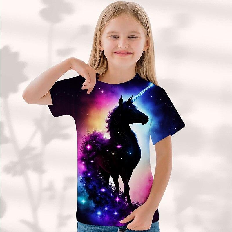 Cartoon Cat 3D Printed Girls' Short Sleeved T-shirt Sweet and Cute Summer Round Neck Children's Top T-Shirts Girls