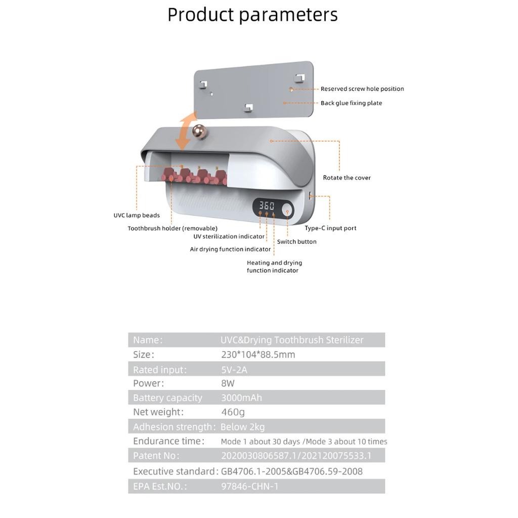 Wall Mount UV Toothbrush Sterilizer and Razor Holder, 99.99% Bacteria Elimination