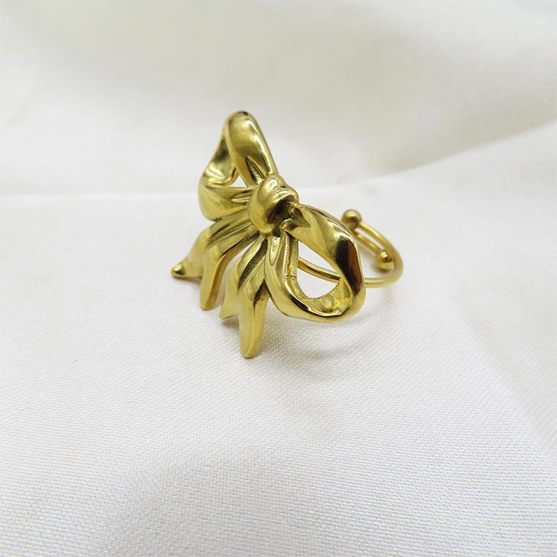 18k Gold Stainless Steel Bow Pendant Necklace with Earrings & Adjustable Ring Set