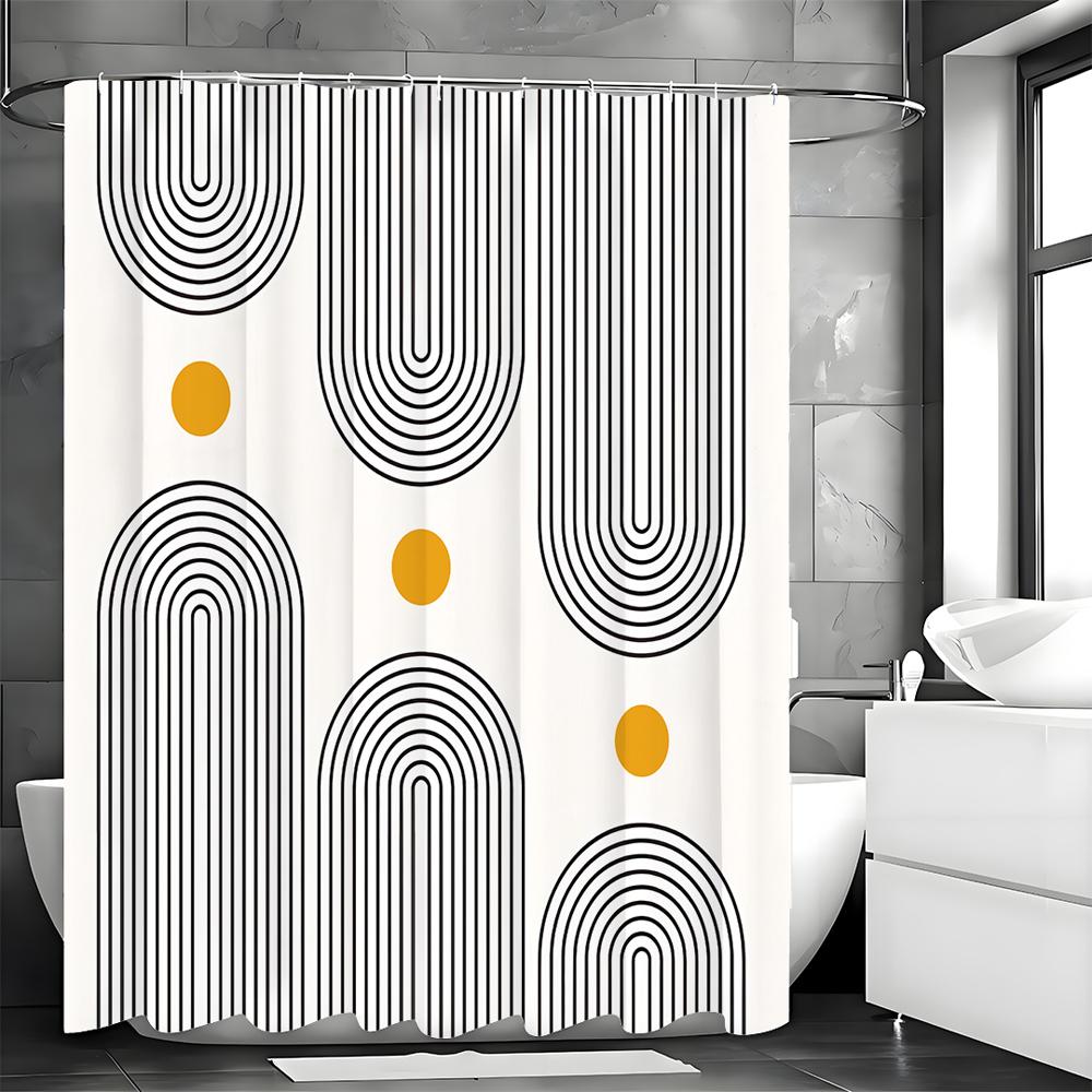 Mid Century Modern Shower Curtain, Abstract Minimalist Arch, Geometric Design, Minimalist Lines, Beige, Bathroom Decorative Show