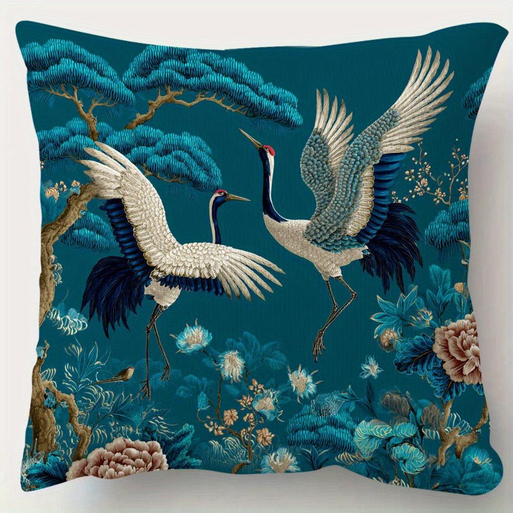 Panika Chen Unisex 2D Flat- Vintage Chinese Style Crane And Pine Throw Pillow Cover Elegant Teal Botanical Floral Cushion Case For Home Decor