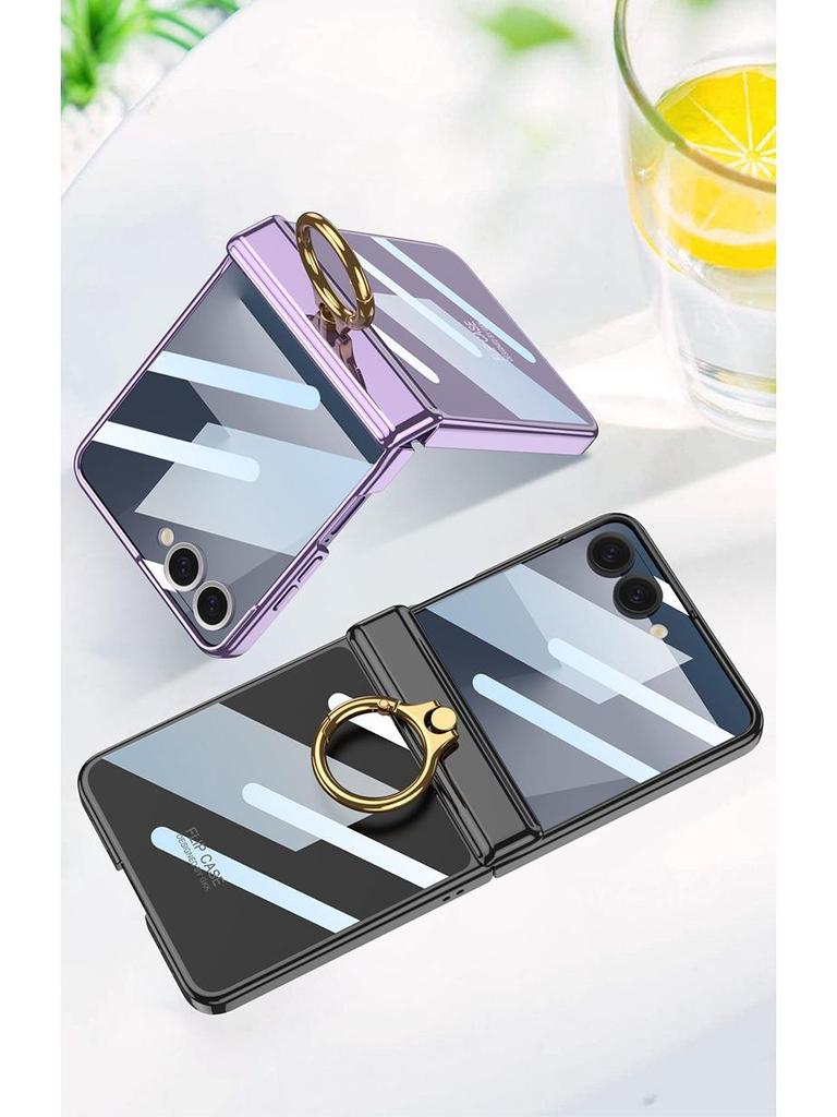 Samsung Z Flip7 Transparent Phone Case with Integrated Ring Buckle and Full-Cover Hinged Hard Shell