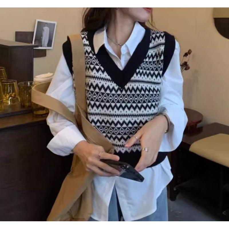 Rhombus Vest Women's Early Autumn New Outer Wear Stacked Inside Wear Retro Knitted Sweater Vest