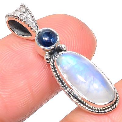 Natural Rainbow Moonstone, Kyanite 925 Solid Sterling Silver Pendant 1.22" B8p47