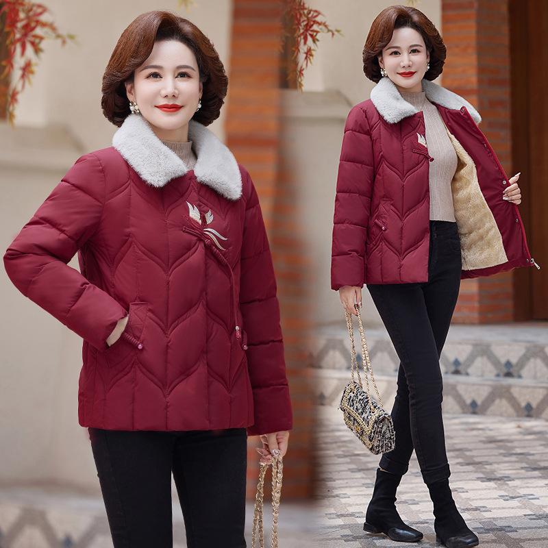 Cotton jacket women's short plush lapel embroidered buckle middle-aged and elderly temperament is versatile, lined with fleece cold clothing