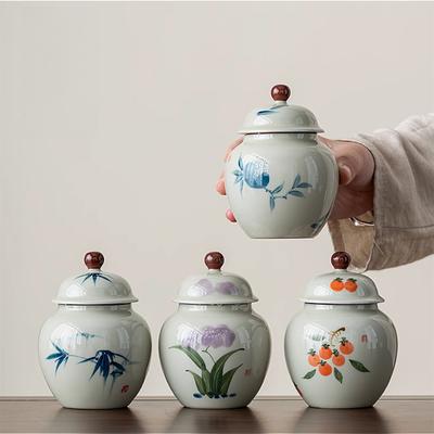 1pc Ceramic Tea Storage Jar Chinese Moisture-proof Sealed Jar Tea Box with Lid Hand Drawn Storage Container Household Items