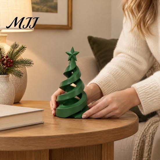 Festive PLA Plastic Art 3D Printed Christmas Tree Candle Holder, Spiral Small Shaped Compact Desktop Holiday Figurine Tealight Stand, Dining