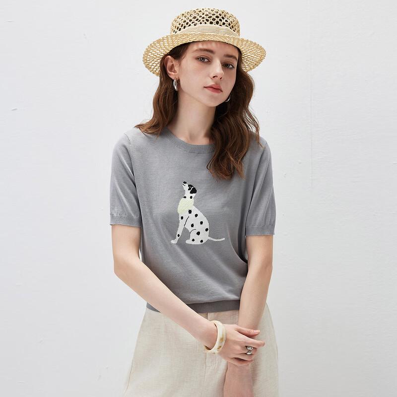 Komomboka Women's Mulberry Silk Dog Embroidery Short-Sleeve Knit Top