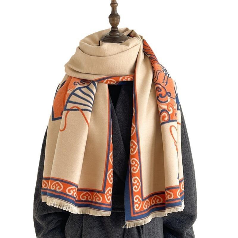Fan Double-sided Imitation Cashmere Scarf Women's Winter High-end Sense Dual-purpose Thickened Air Conditioner Shawl Court Style Scarf