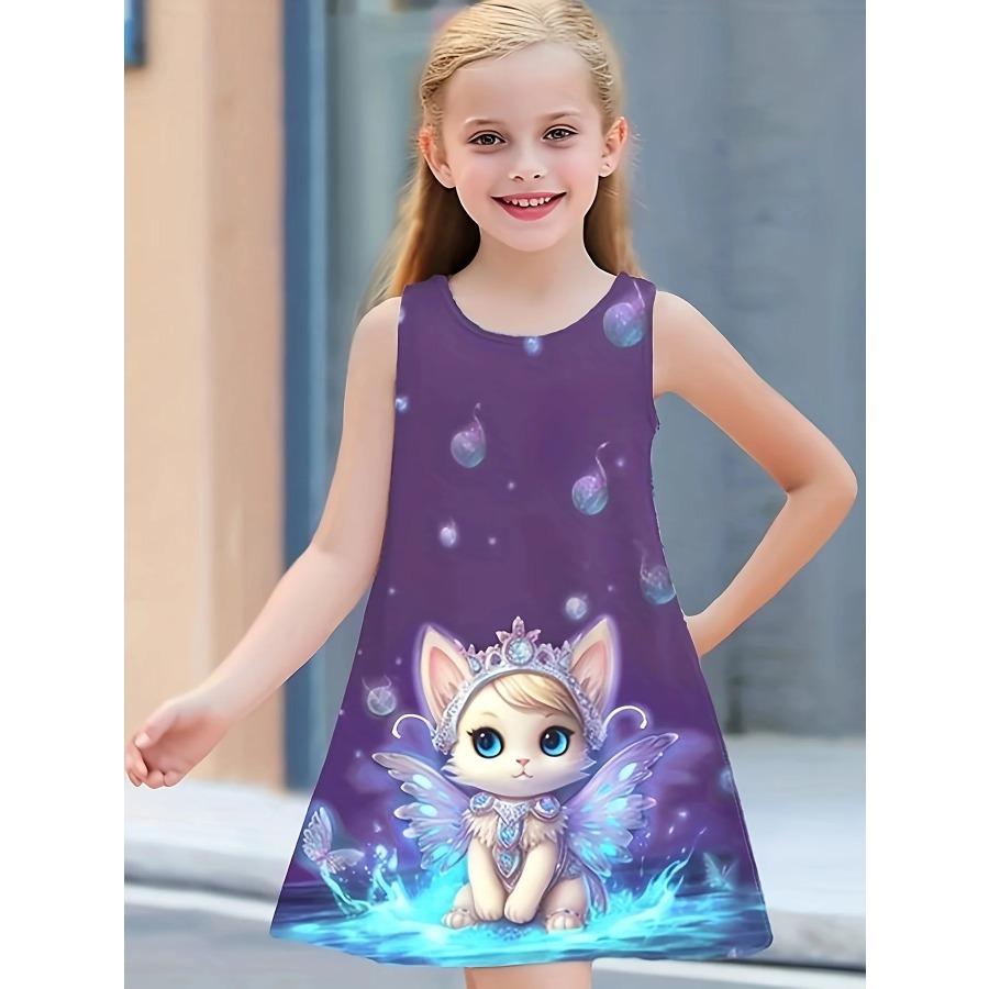 Summer Children's New Cute Cat 3D Pattern Sleeveless Dress Loose Soft Casual Style Outdoor Party Clothing for Girls Daily