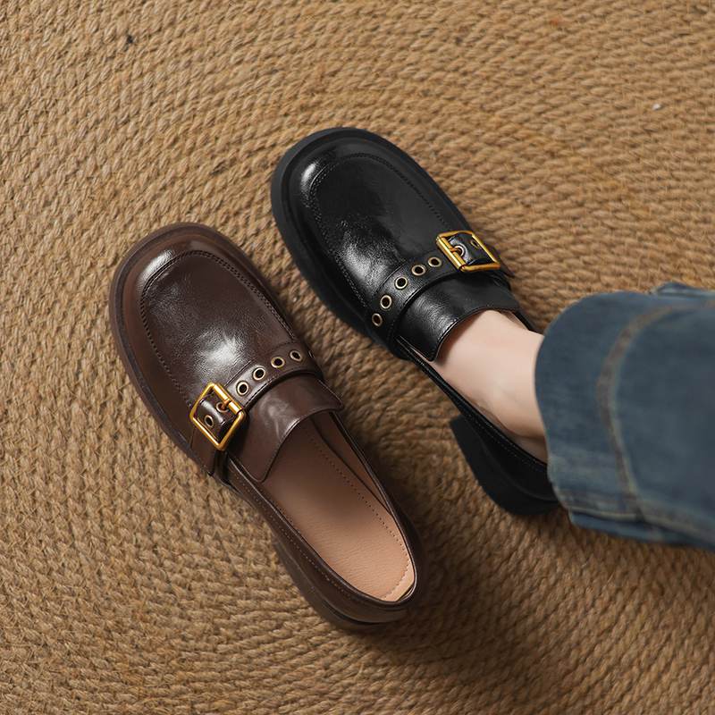 Krazing Pot Cow Skin Autumn Winter Shoes Chunky Heels Size 43 Size 42 Round Toe Slip on Metal Buckle Deep Mouth Pumps